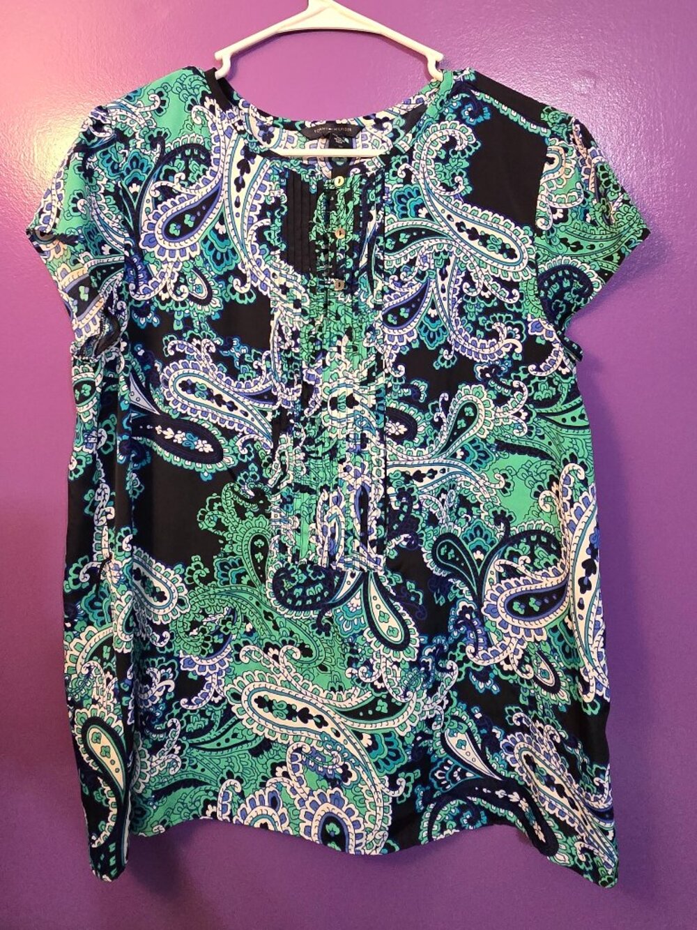 Tommy Hilfiger Paisley Pintuck Pleated Cap Sleeve Blouse Green Blue